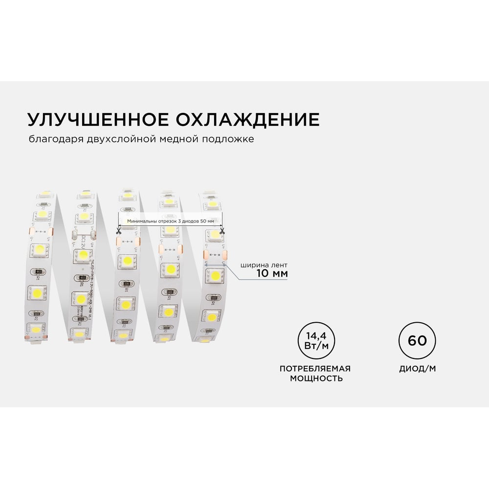 Светодиодная лента, 12В, 14,4Вт/м, smd5050, 6д/м, IP20, 700Лм/м, ширина подложки 10мм, 5м, холо