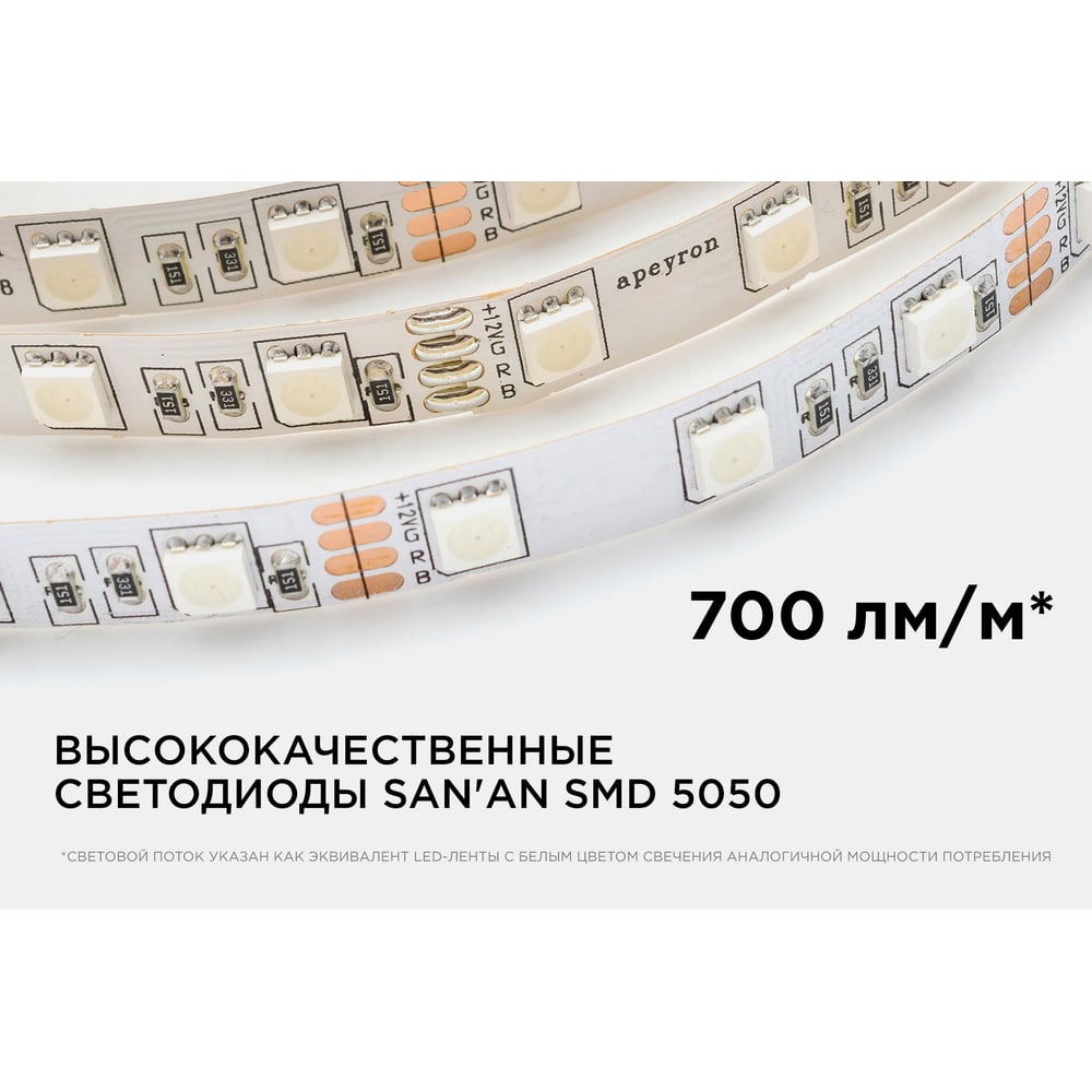 Светодиодная лента, 12В, 14,4Вт/м, smd5050, 6д/м, IP20, ширина подложки 10мм, 5м, RGB