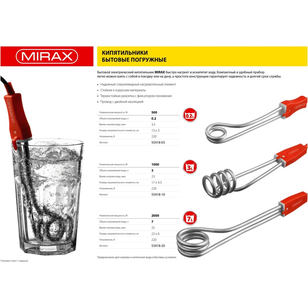 Кипятильник MIRAX 500Вт, 220В, 1/50,100