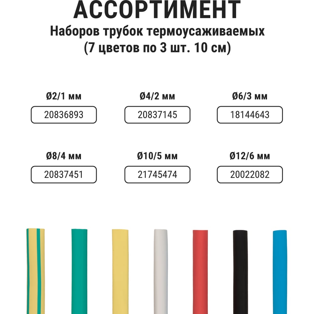 Термоусаживаемая трубка ТУТнг 20/10 набор (7 цветов по 3 шт. 100мм) TDM