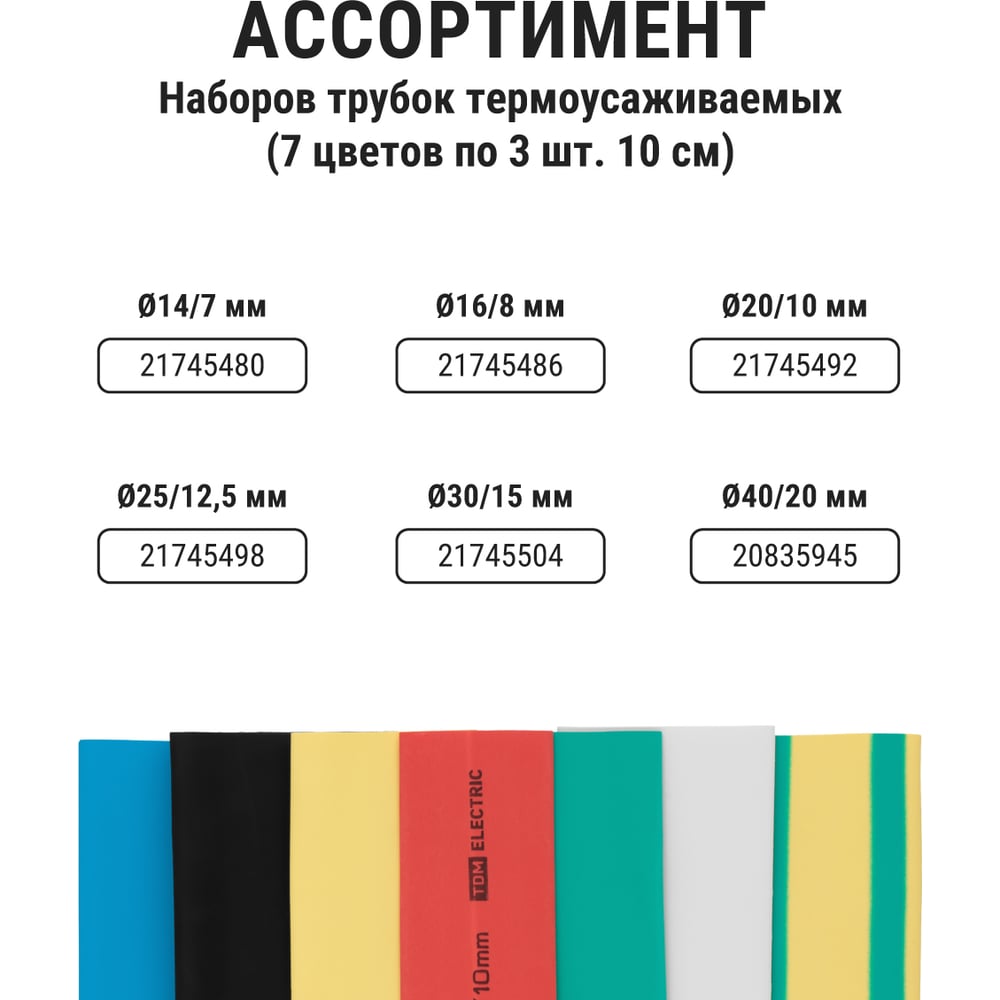 Термоусаживаемая трубка ТУТнг 20/10 набор (7 цветов по 3 шт. 100мм) TDM