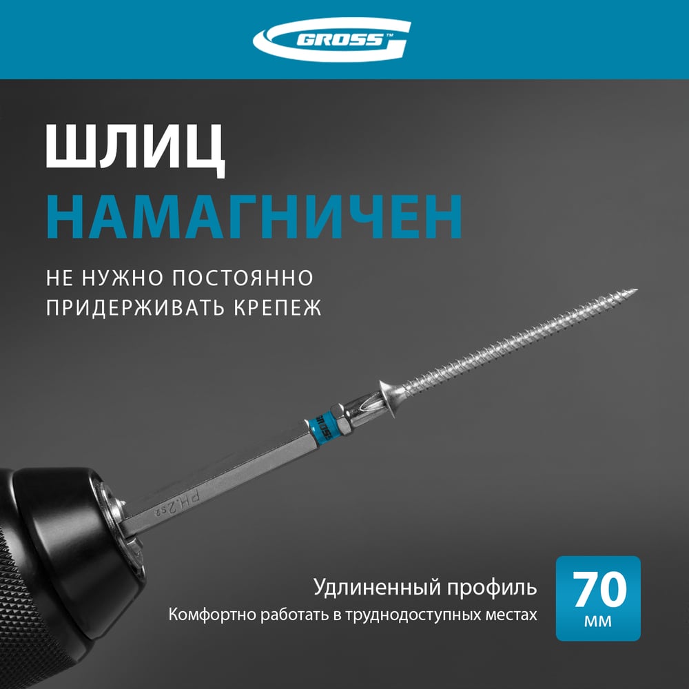 Бит магнитный РН2х70, сталь S2 шестигранный профиль //GROSS