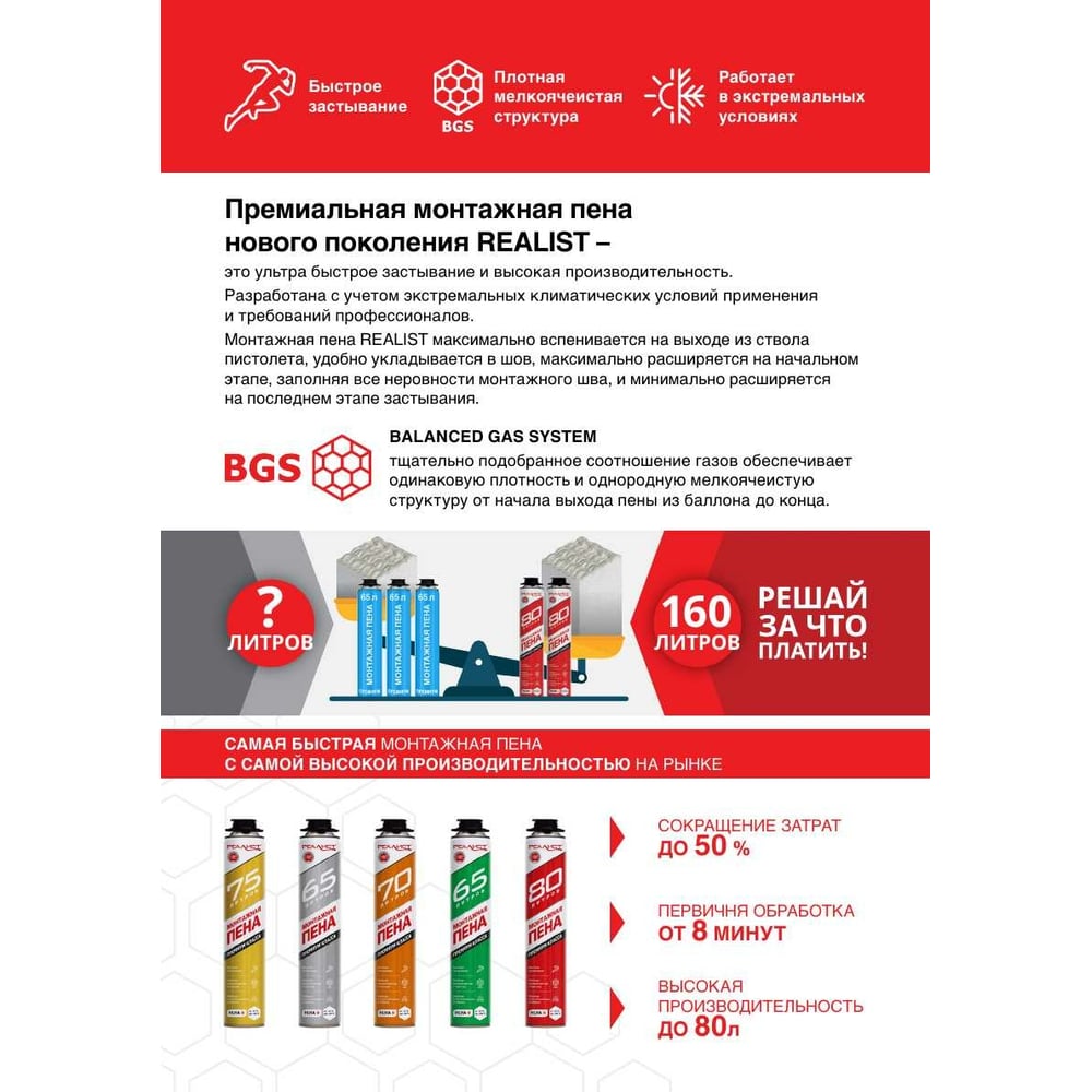 Пена монтажная REALIST PRO Red 80л - зима