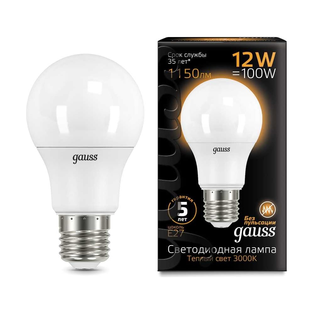 Лампа светодиодная LED 12W E27 A60 3000k, теплый белый, GAUSS
