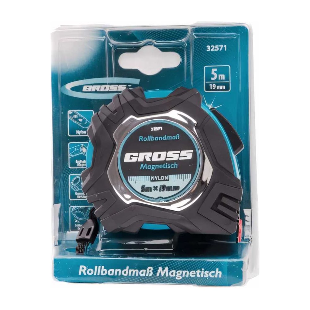 Рулетка Magnetisch, 5м х 19мм, обрезин. корпус, автоматич. фиксация, нейлон. покр. магн.зацеп//Gross
