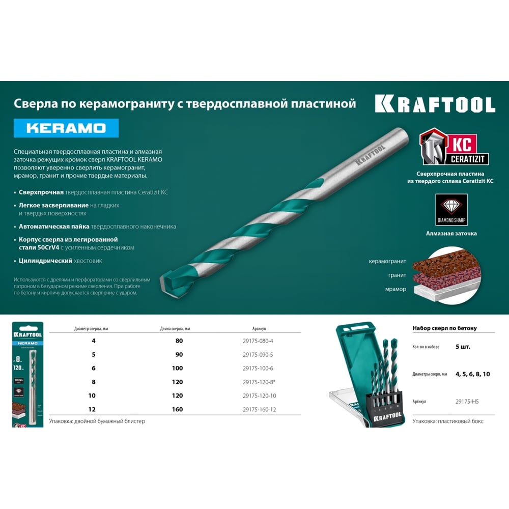 Сверло по керамограниту, тв.сплав КС, 8х120мм, KRAFTOOL Keramo