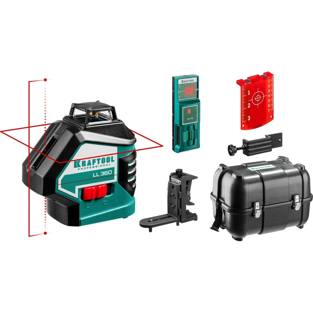 KRAFTOOL LL360 4 нивелир лазерный,2*360,20м/70м,IP54,точн +/-0,2мм/м, держатиель
