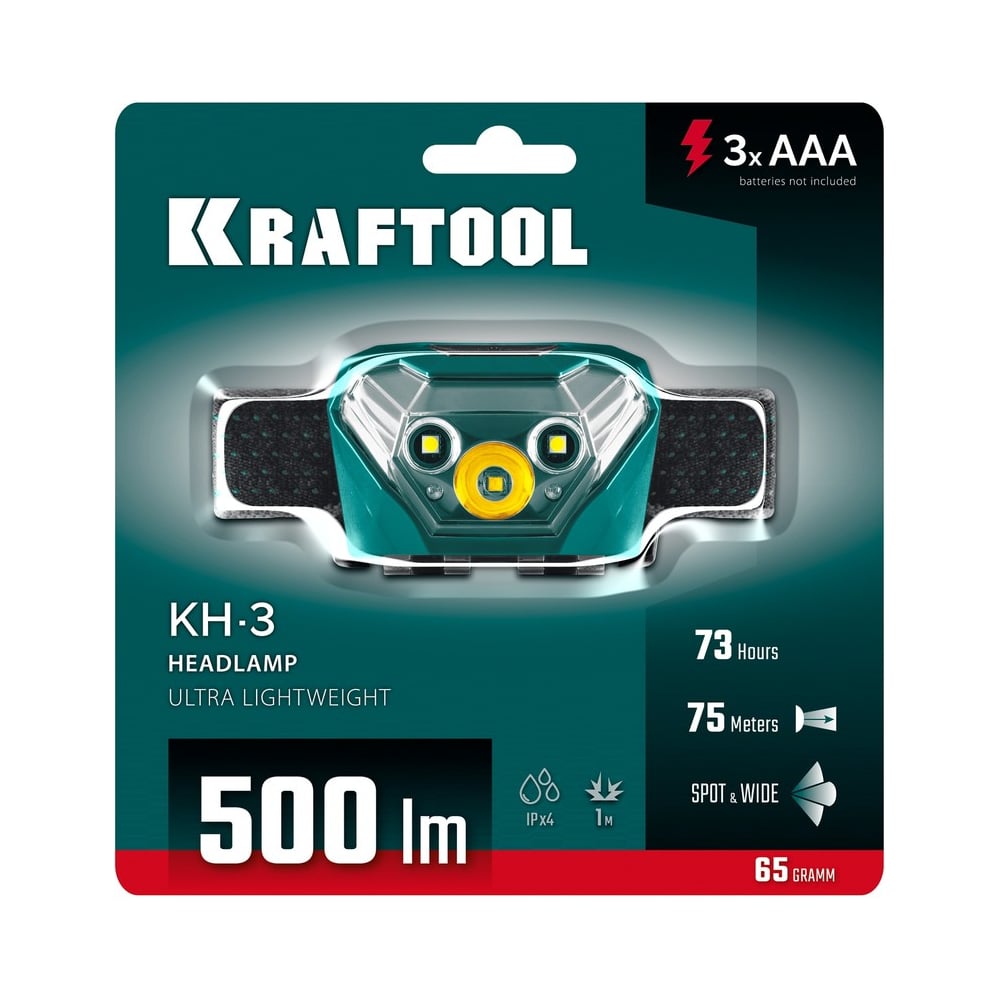 Налобный фонарь, KRAFTOOL KH-3, 500 лм, 5 режимов, 3ААА