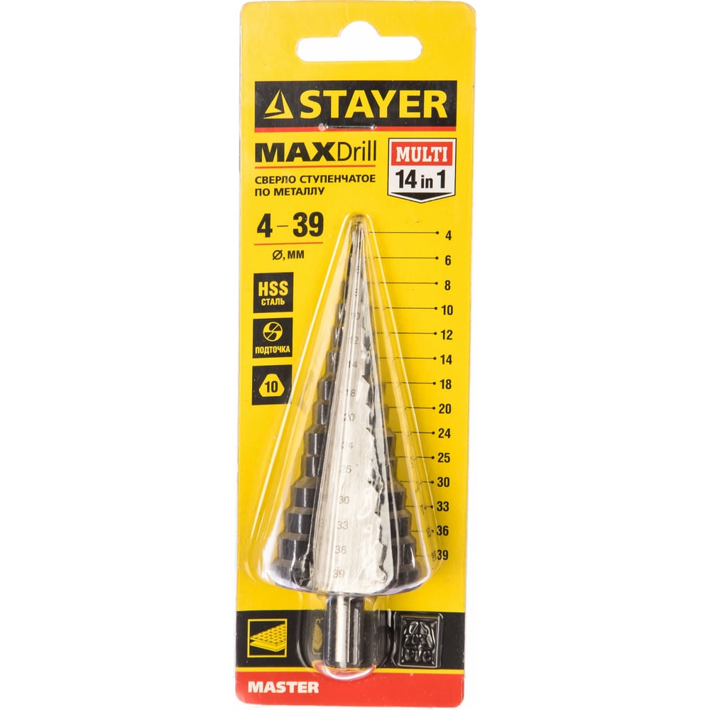 Сверло STAYER "MASTER" ступенчатое мет,сталь, HSS, d=4-39мм, 14ступ 4-30, L-113 трехгран, хвост 10мм