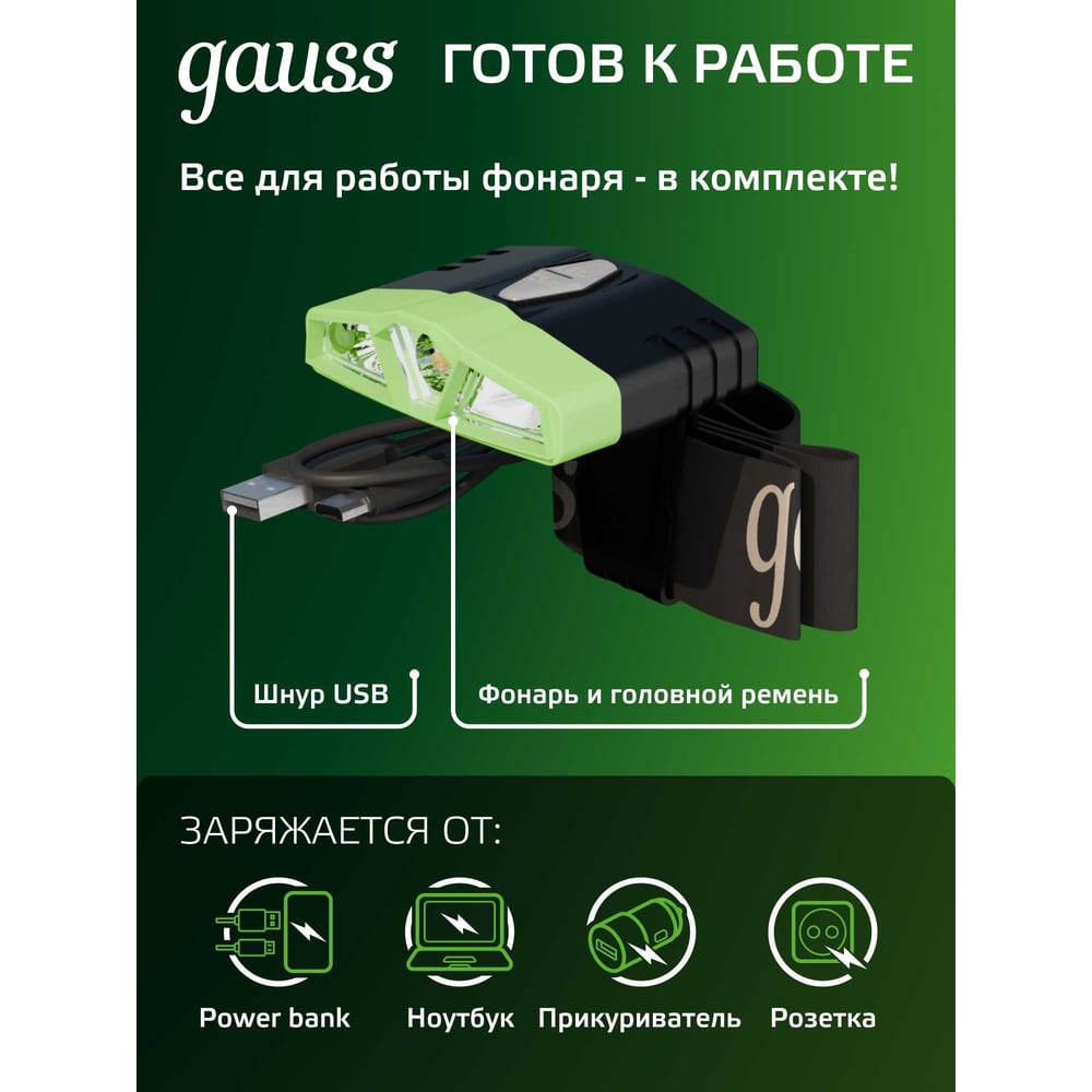 Фонарь налобный, LED 5Вт, 180lm Li-ion 500 mAh модель GAUSS