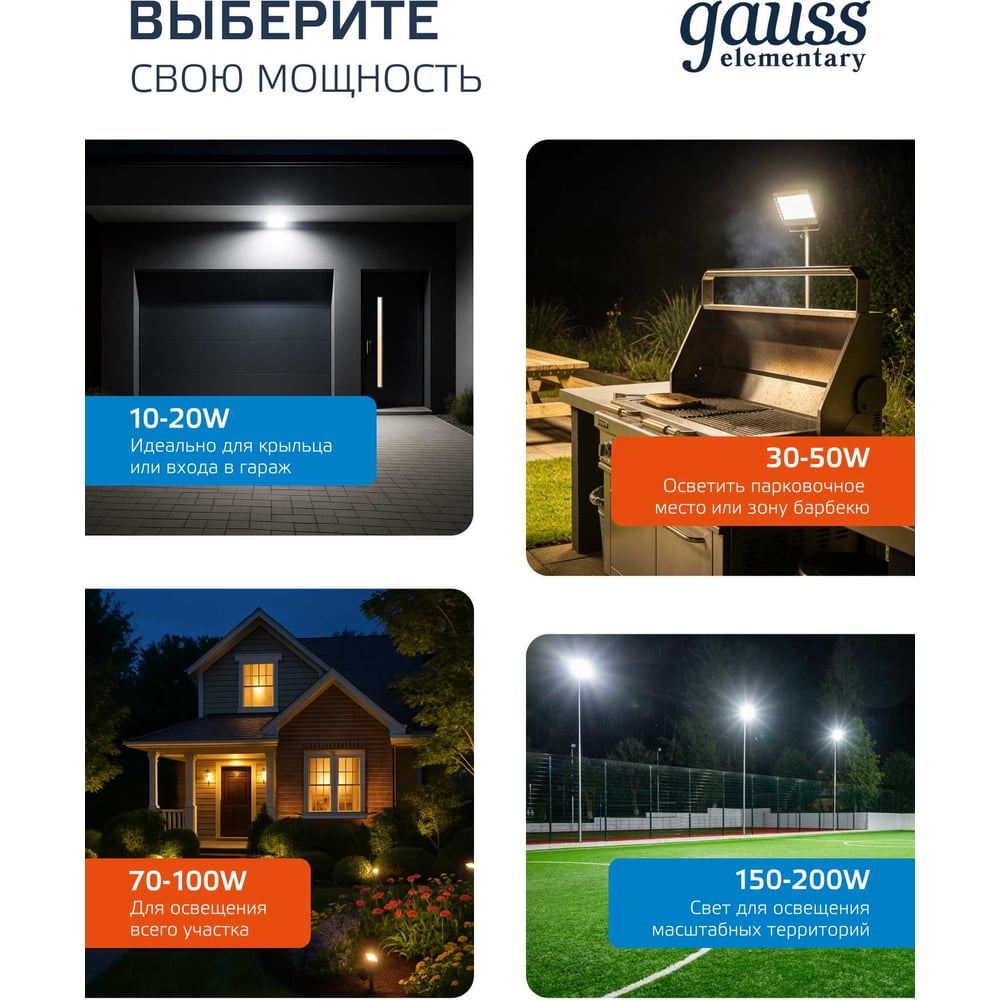 Прожектор светодиод LED Elementary PROMO 50Вт (500W) 20-240В 4500lm IP65 6500K свет хол-бел GAUSS