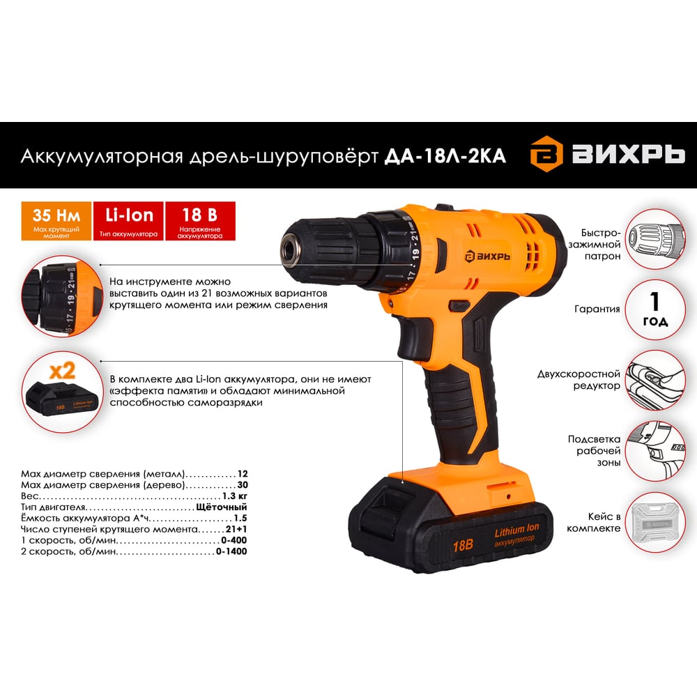 Шуруповерт аккумулят Вихрь ДА-18Л-2КА (18V? 2Li-lon x1,5Ач) кейс