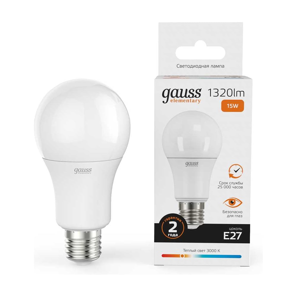 Лампа светодиодная LED Elementary 15W E27 A60 3000k, теплый белый, GAUSS