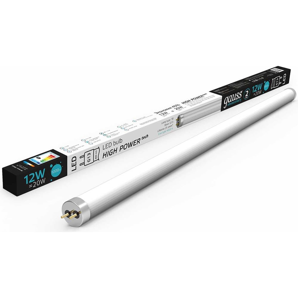 Лампа светодиодная LED Elementary T8 стекло G13 1000lm 12W 4000K, нейтральный белый, GAUSS