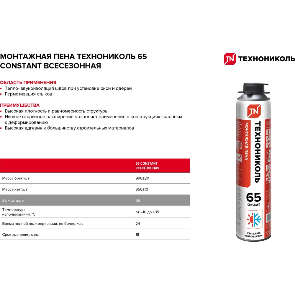 Пена монтажная профессиональная ТЕХНОНИКОЛЬ 65 CONSTANT всесезонная (12шт*990гр)