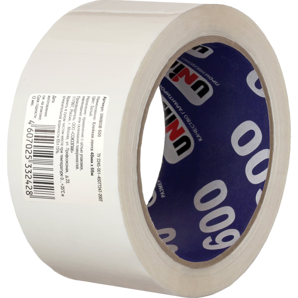 Упаковочная клейкая лента Unibob 600 48мм х 66м белый