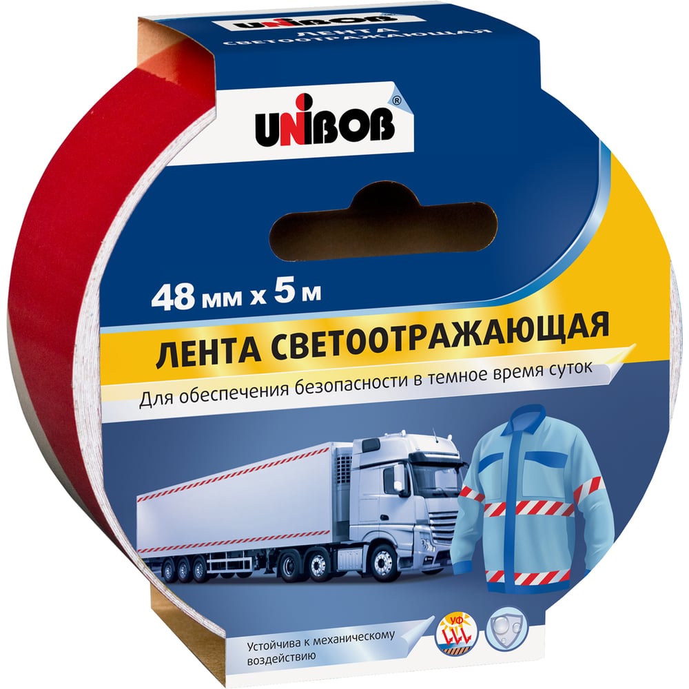 Светоотражающая клейкая лента Unibob 48мм х 5м красно-белая 24шт/уп