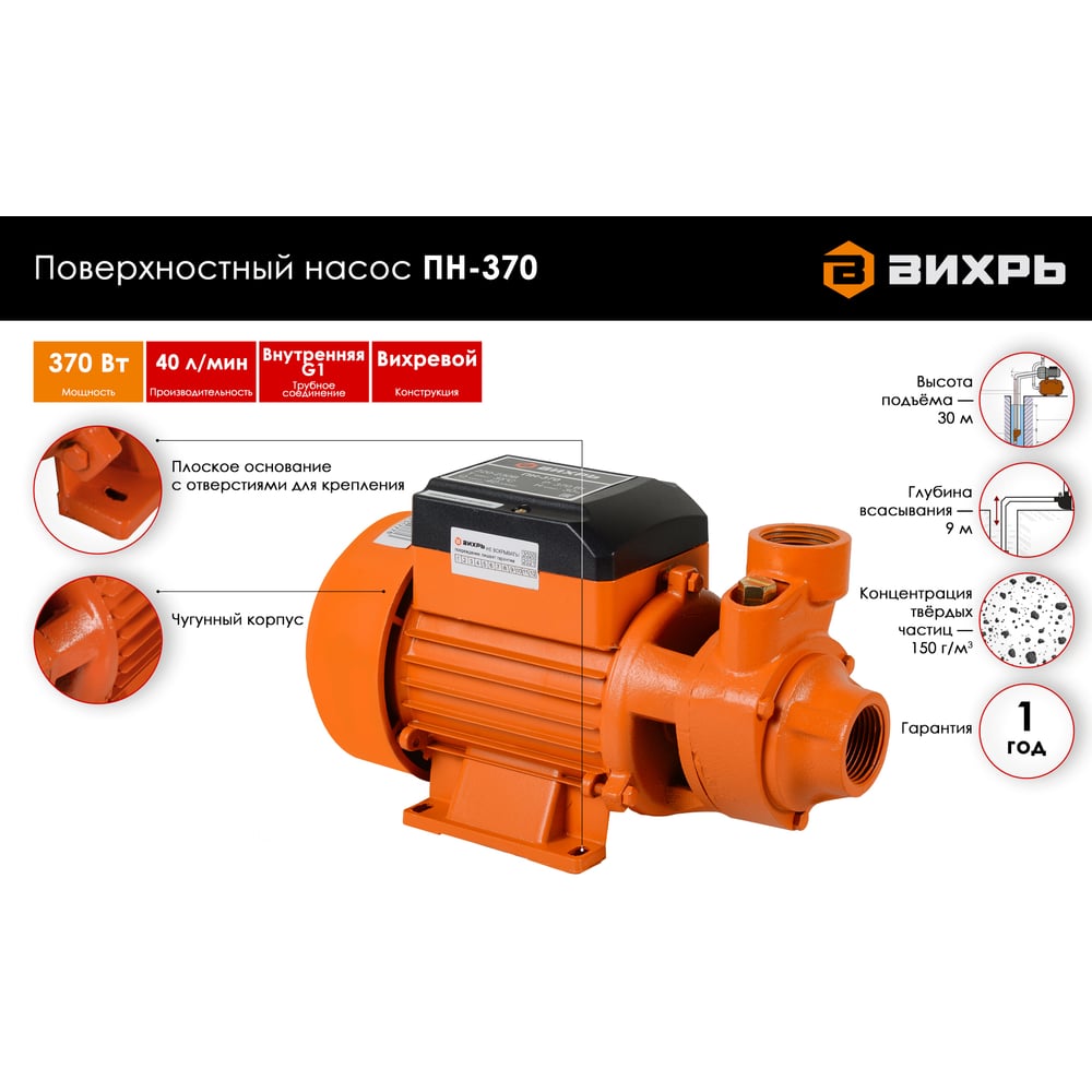 Насос Вихрь поверхностный ПН-370 (370ВТ)