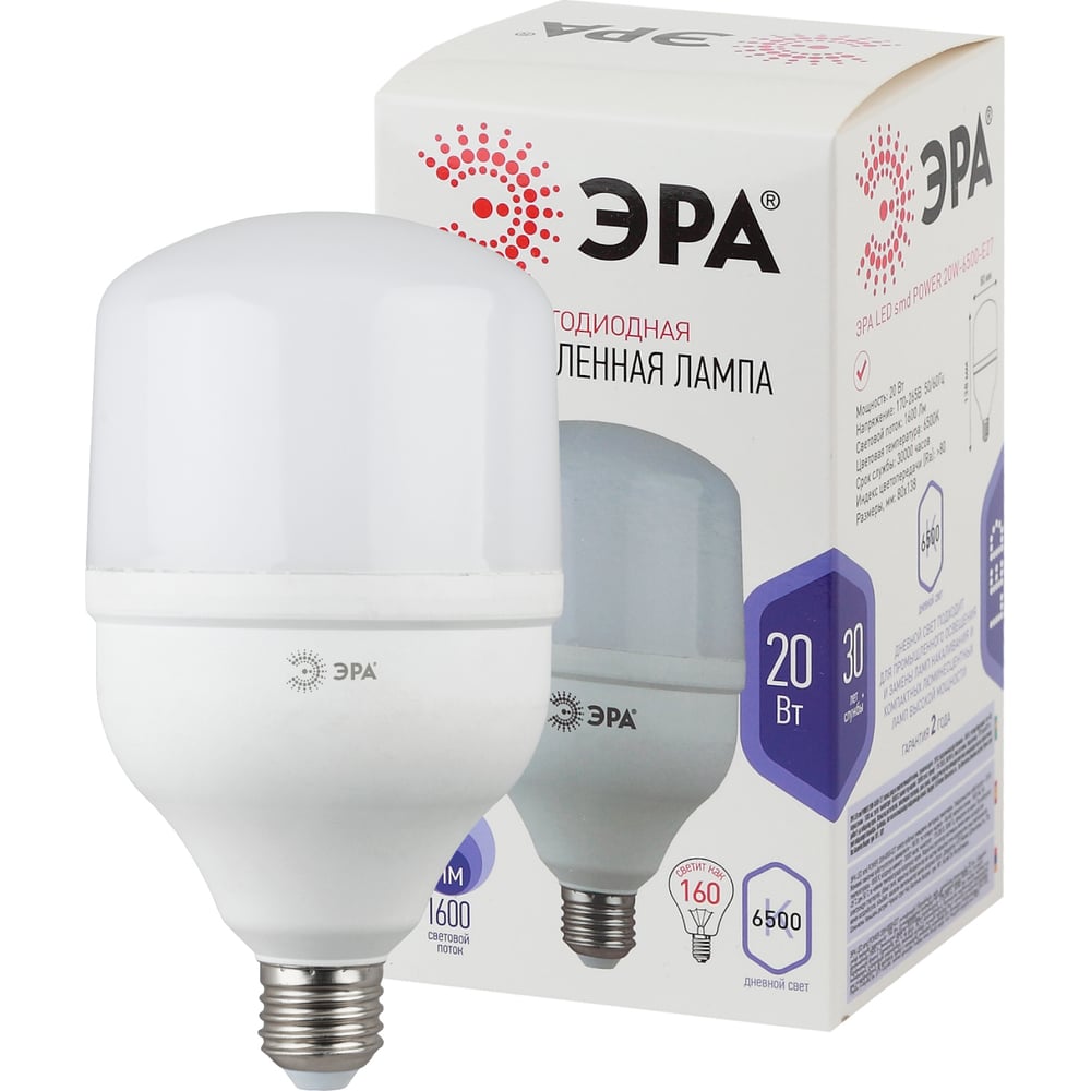 Лампа светодиодная ЭРА E27 20W 6500K матовая LED POWER T80-20W-6500-E27