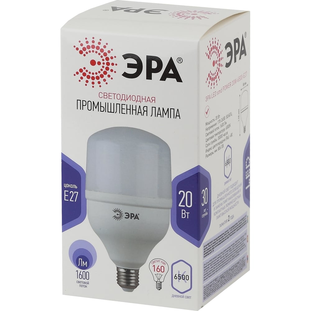 Лампа светодиодная ЭРА E27 20W 6500K матовая LED POWER T80-20W-6500-E27