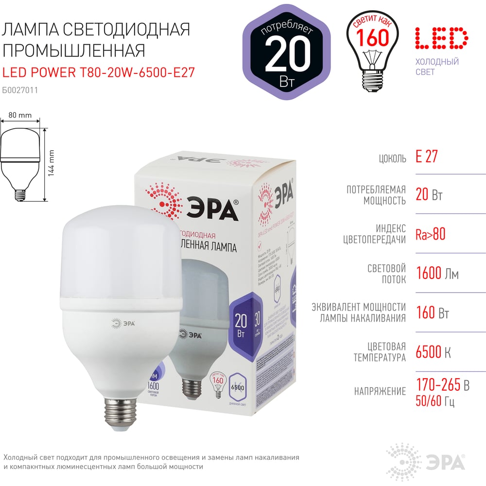 Лампа светодиодная ЭРА E27 20W 6500K матовая LED POWER T80-20W-6500-E27