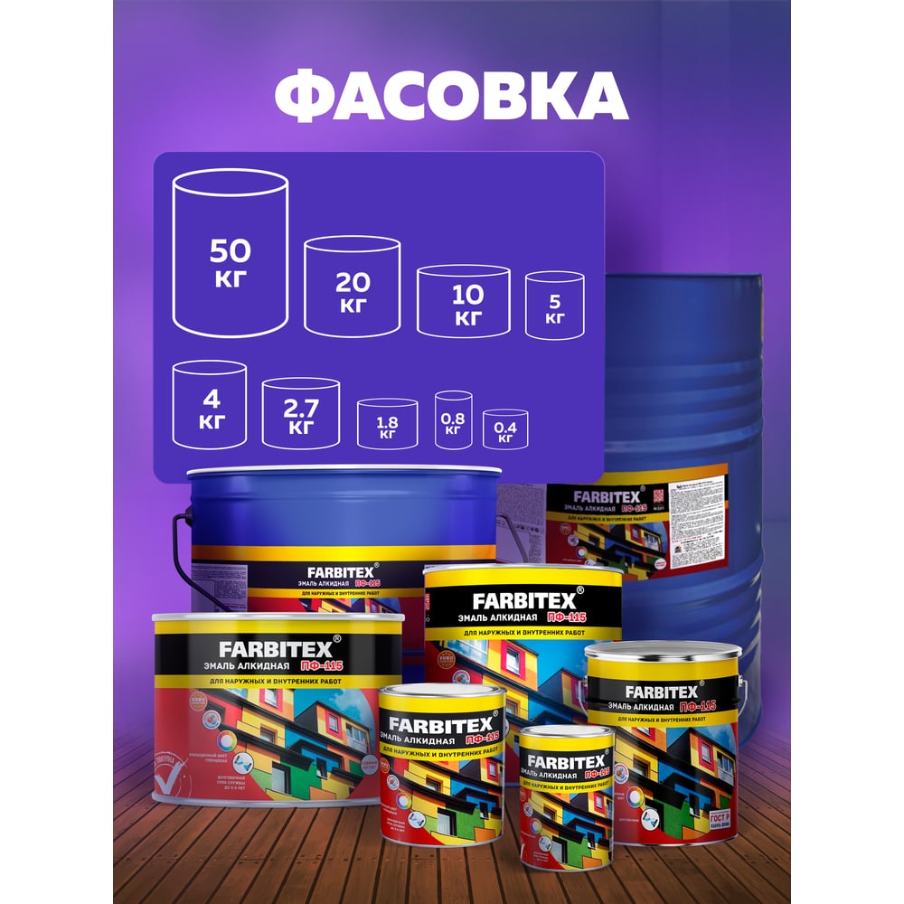 Эмаль ПФ-115 алкидная FARBITEX 0.8кг цвет: синий